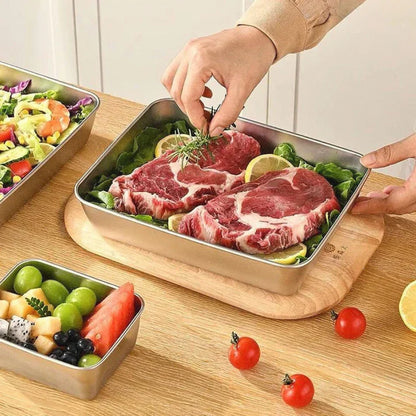Recipient Alimentar SUS304, Tăvi Dreptunghiulare Din Oțel Inoxidabil Cu Capac Din Cauciuc (25×20×5 cm)
