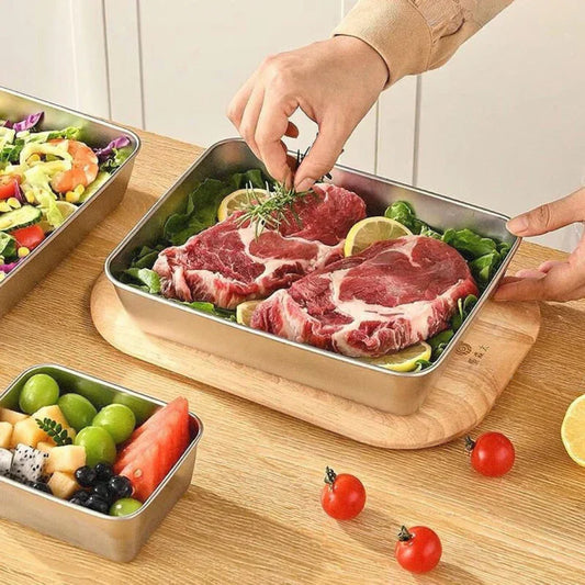 Recipient Alimentar SUS304, Tăvi Dreptunghiulare Din Oțel Inoxidabil Cu Capac Din Cauciuc (25×20×5 cm)