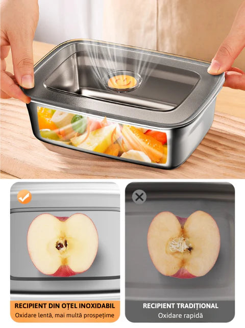 Recipient alimentar vidat antibacterian din oțel inoxidabil, dimensiune mare 1500 ml (19 × 14 × 8 cm)