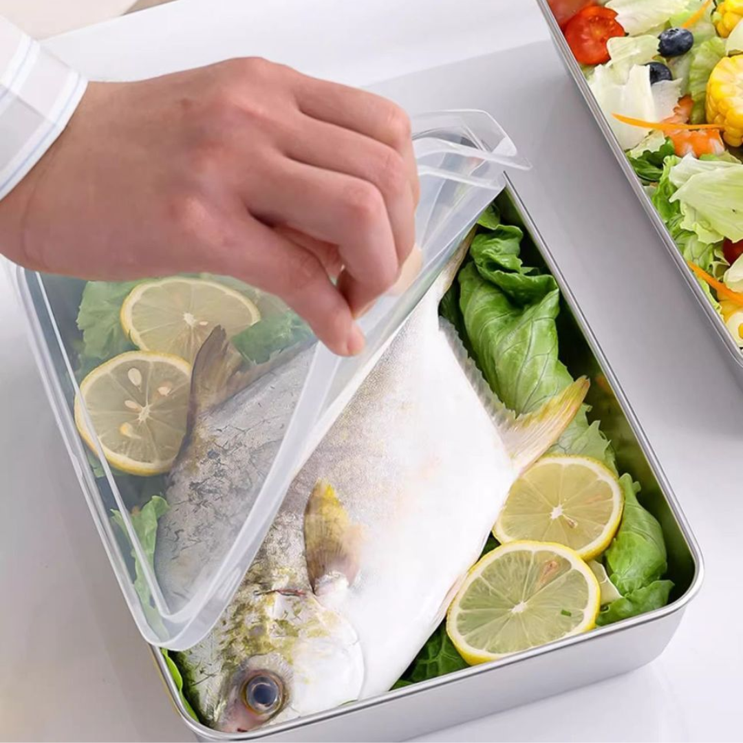 Cutie pentru depozitarea alimentelor SUS304, tavă dreptunghiulară din oțel inoxidabil cu capac din cauciuc, sigură pentru sănătate.(25cm*19.5cm*5cm)