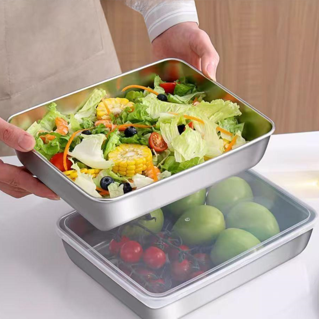 Cutie pentru depozitarea alimentelor SUS304, tavă dreptunghiulară din oțel inoxidabil cu capac din cauciuc, sigură pentru sănătate.(25cm*19.5cm*5cm)