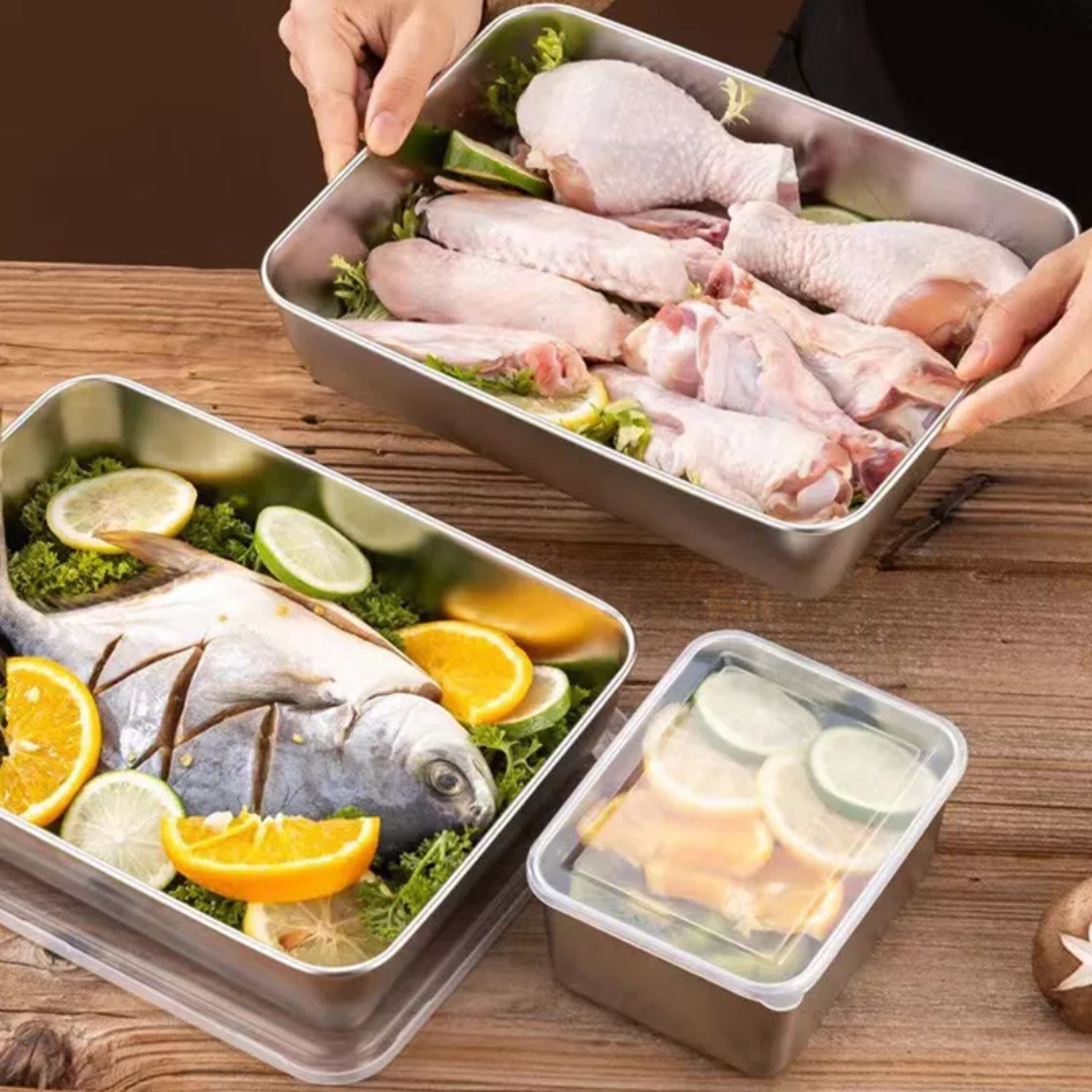 Cutie pentru depozitarea alimentelor SUS304, tavă dreptunghiulară din oțel inoxidabil cu capac din cauciuc, sigură pentru sănătate.(25cm*19.5cm*5cm)