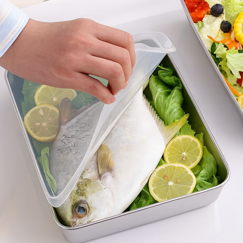 304-es rozsdamentes acél tál légmentes fedéllel (2.1 L – 26 × 20 × 6 cm) | 70% KEDVEZMÉNY!