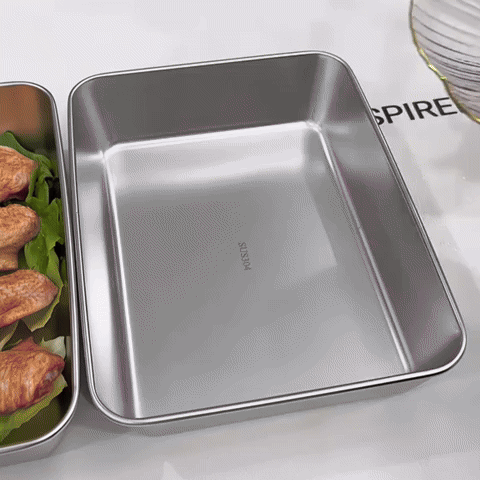 Recipient Alimentar SUS304, Tăvi Dreptunghiulare Din Oțel Inoxidabil Cu Capac Din Cauciuc (25×20×5 cm)