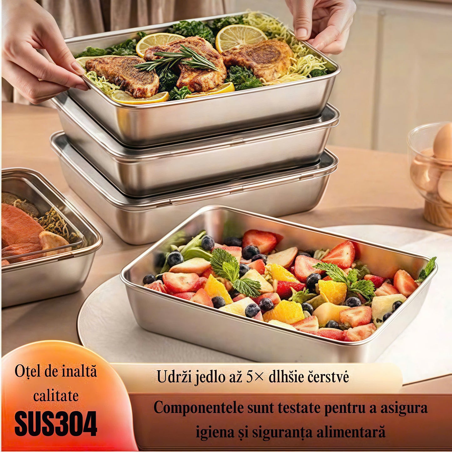 Tavă din oțel inoxidabil 304 – O soluție sigură și practică pentru conservarea alimentelor (25×20×6 cm)